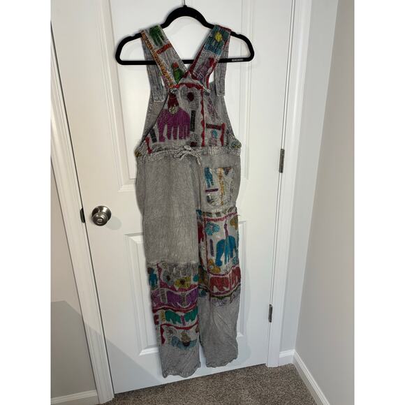 Sacred Threads Elephant Patchwork Cotton Overalls Gray Boho Hippie S/M - Picture 3 of 5